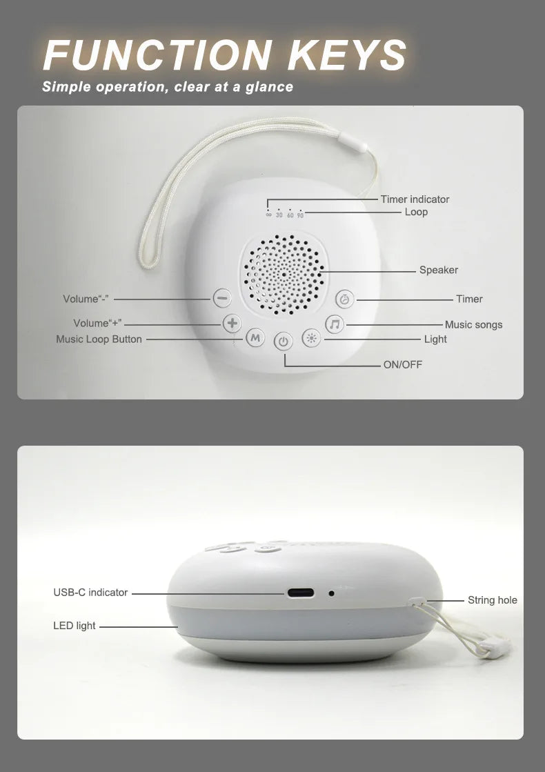 Máquina de Sonido Blanco 2 en 1, Portátil USB, para Dormir Bebés, con 20 Sonidos Relajantes, Luz Nocturna LED y Batería Recargable Integrada