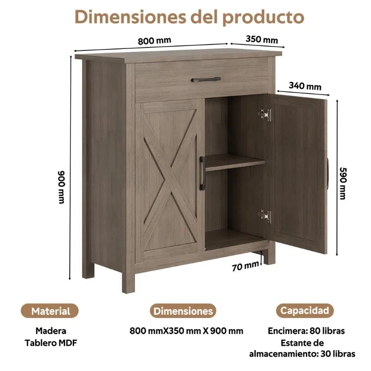 Aparador Buffet Georgina, mueble de madera maciza, mesa auxiliar para comedor, diseño geométrico moderno, exhibición, cocina, sala de estar