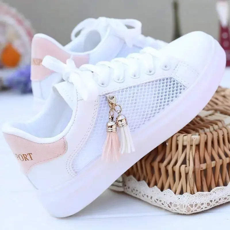 Zapatillas Deportivas Transpirables para Mujer, Zapatos Casuales para Estudiantes, Zapatos Deportivos Planos de Malla Blanca para Chica, Zapatos Vulcanizados de Diseñador para Mujer