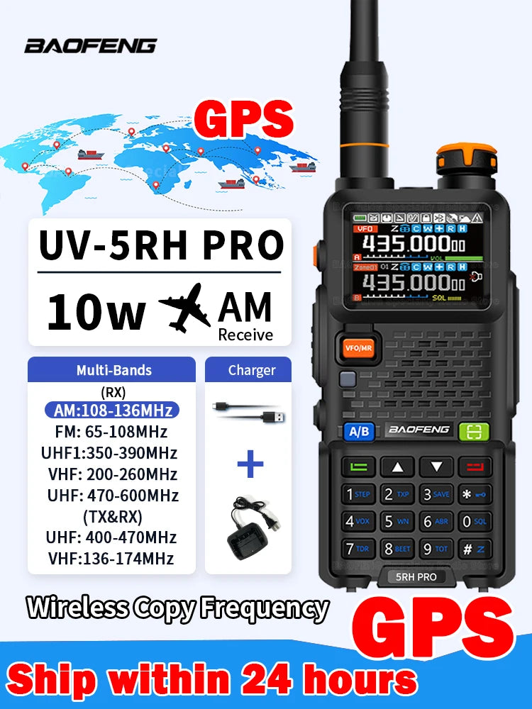 Baofeng UV-5RH PRO Walkie Talkie GPS multibanda AM FM tipo C copia inalámbrica frecuencia Ham Radio de comunicación bidireccional de largo alcance