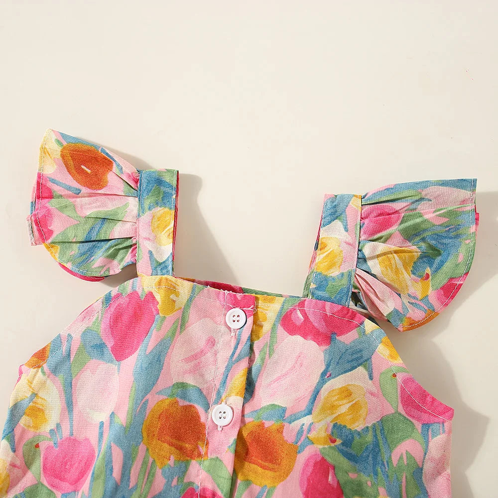 Conjunto de verano de 2 piezas con tirantes y pantalones cortos para niña, Top con tirantes de manga voladora pequeña con estampado de tulipán de dibujos animados