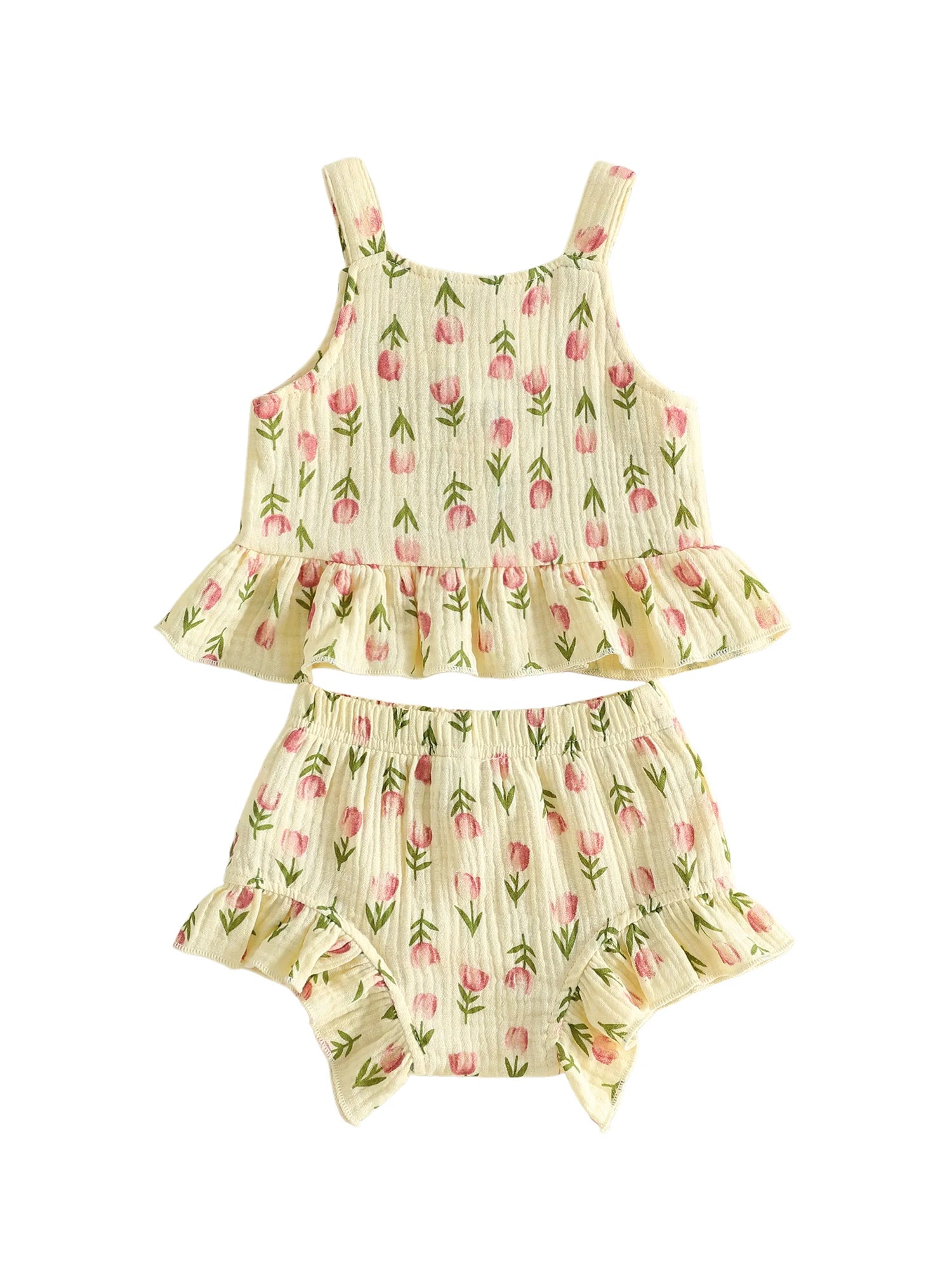 Lioraitiin Conjunto de verano para niñas con estampado floral de tulipanes, sin mangas, cuello cuadrado, camisetas sin mangas, pantalones cortos elásticos con volantes, conjunto de 2 piezas