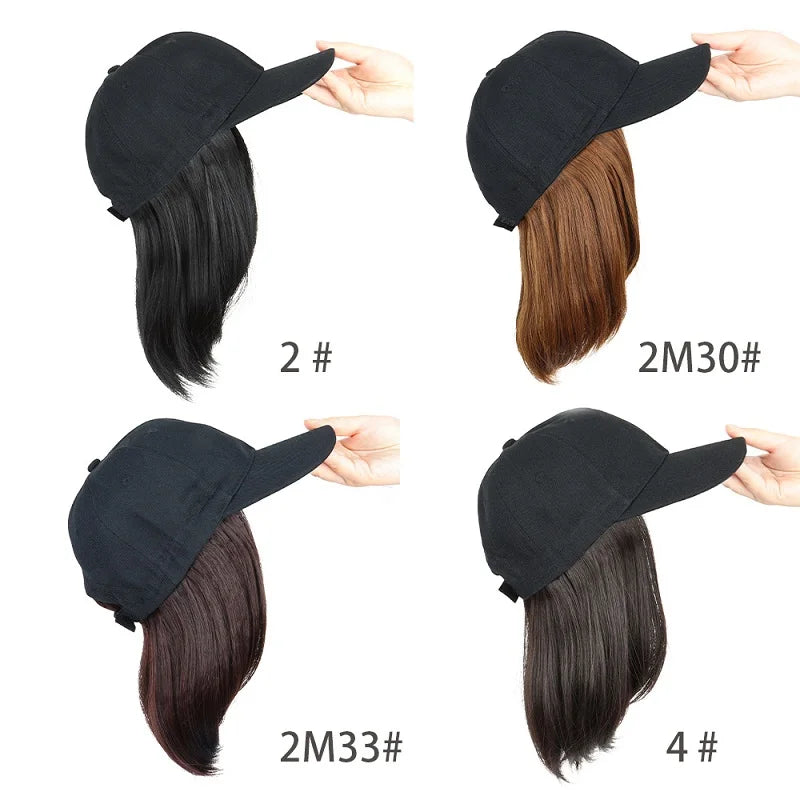 Extensiones de cabello de gorra de béisbol sintética de 12 pulgadas, peluca de sombrero ajustable Bob recta corta, fácil de usar para mujeres de fiesta diarias