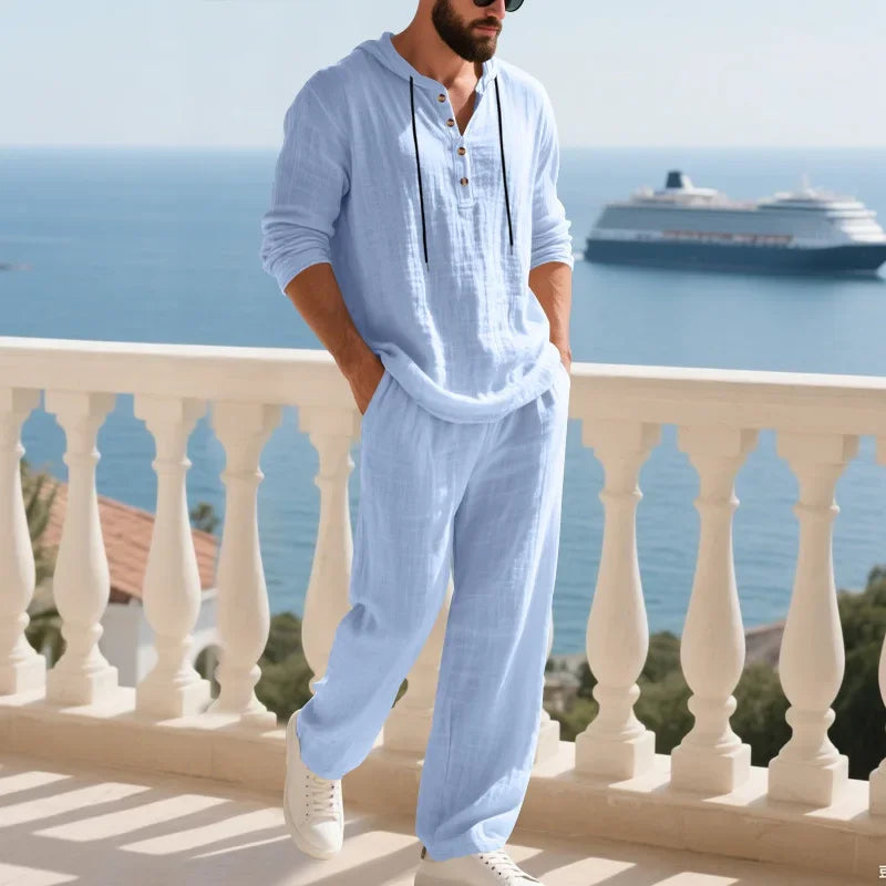 Conjunto informal holgado de lino para hombre, camisa Henry de manga larga y pantalones largos, conjunto cómodo y transpirable a la moda para otoño 2025