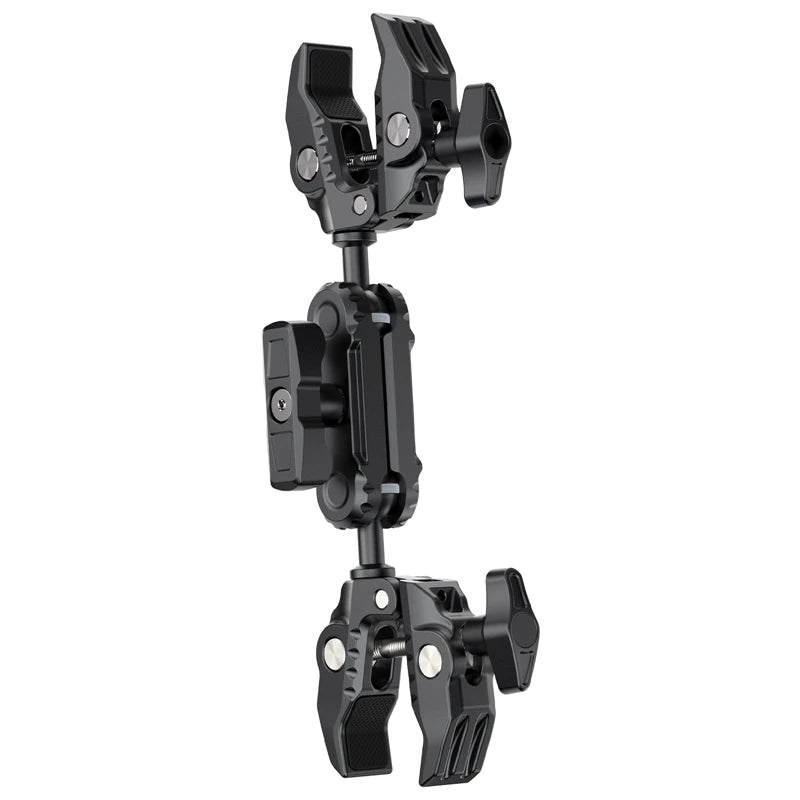La abrazadera Ulanzi CO17 Super Clamp se puede fijar a rieles de bicicleta, trípode de motocicleta con cabezal de doble bola para cámara de acción panorámica.