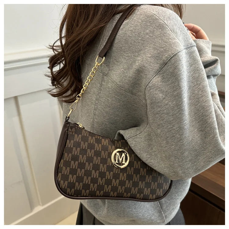 Bolso retro francés para axila, bolso de un hombro con estampado de letras y cadena cuadrada cruzada diagonal para mujer