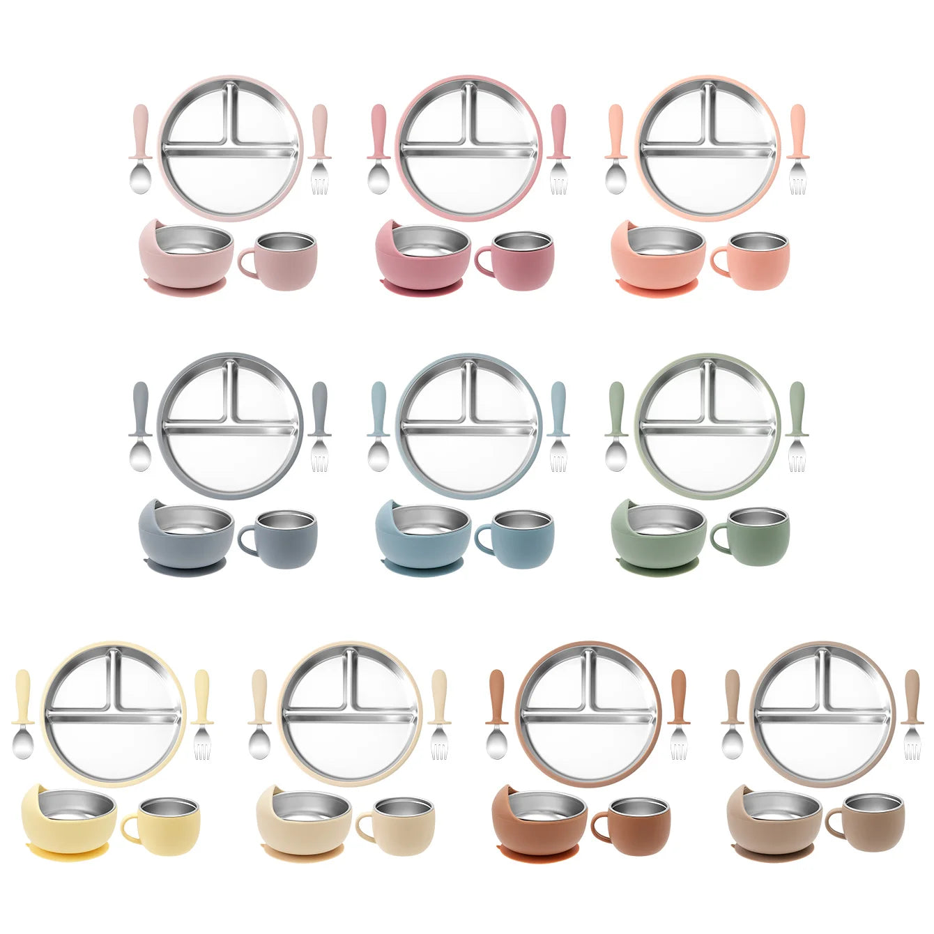 Juego de alimentación de bebé con plato de platos de acero inoxidable, cuenco con ventosa de silicona desmontable, sin BPA, tenedor infantil, cuchara, regalos, 5 uds.