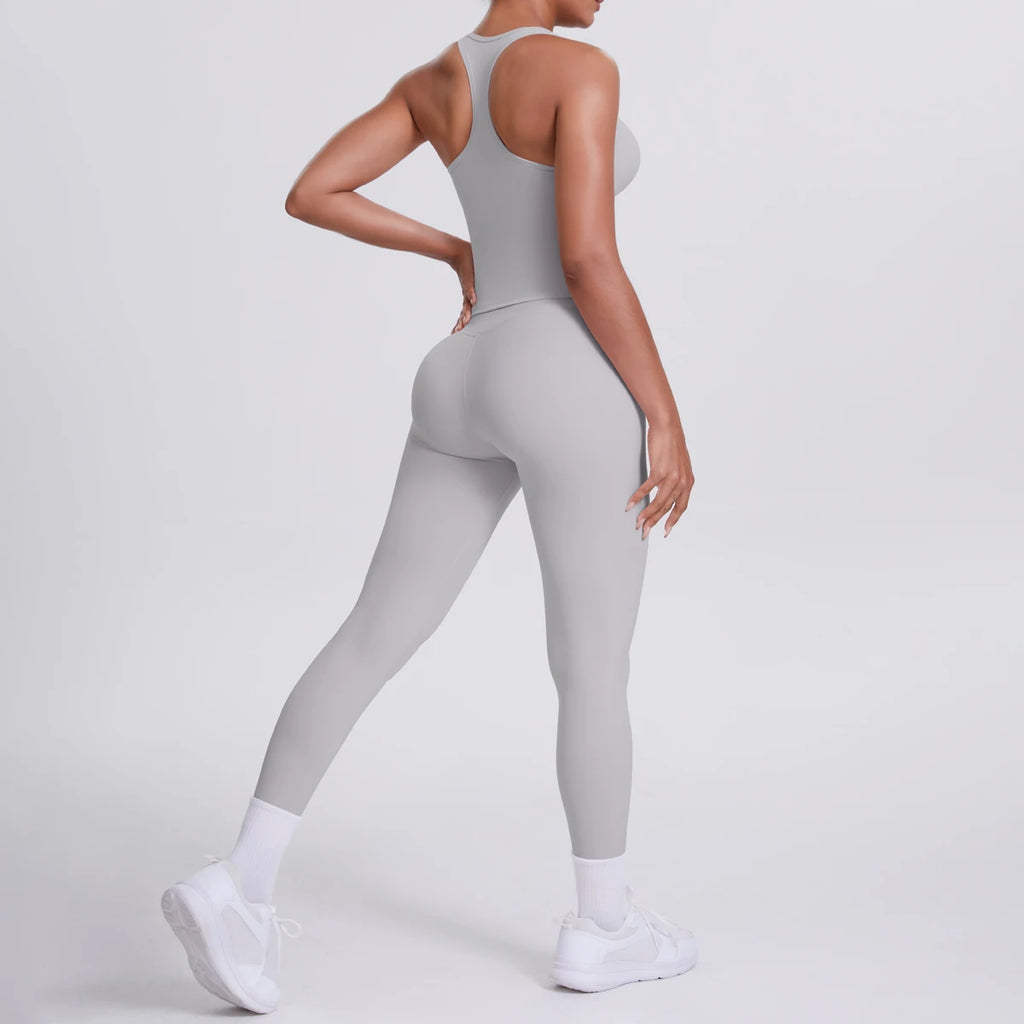Hamidou - Conjunto de yoga de 2 piezas para mujer: leggings de fitness de secado rápido con efecto push-up y top deportivo con espalda en I de color liso.
