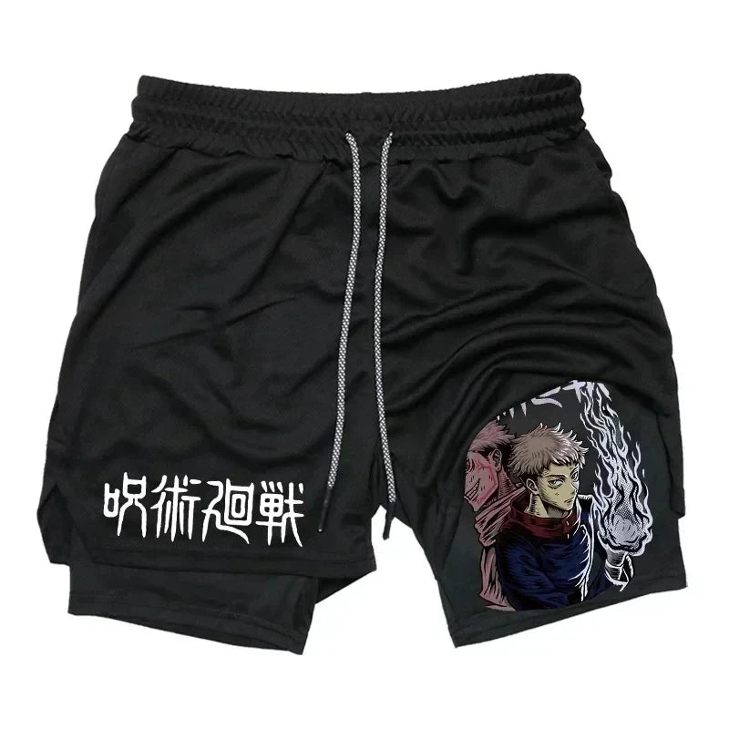 Pantalones cortos deportivos para hombre Jujutsu Kaisen Anime Graphic 2 en 1 pantalones cortos de compresión para hombre pantalones cortos de rendimiento de gimnasio de secado rápido atléticos