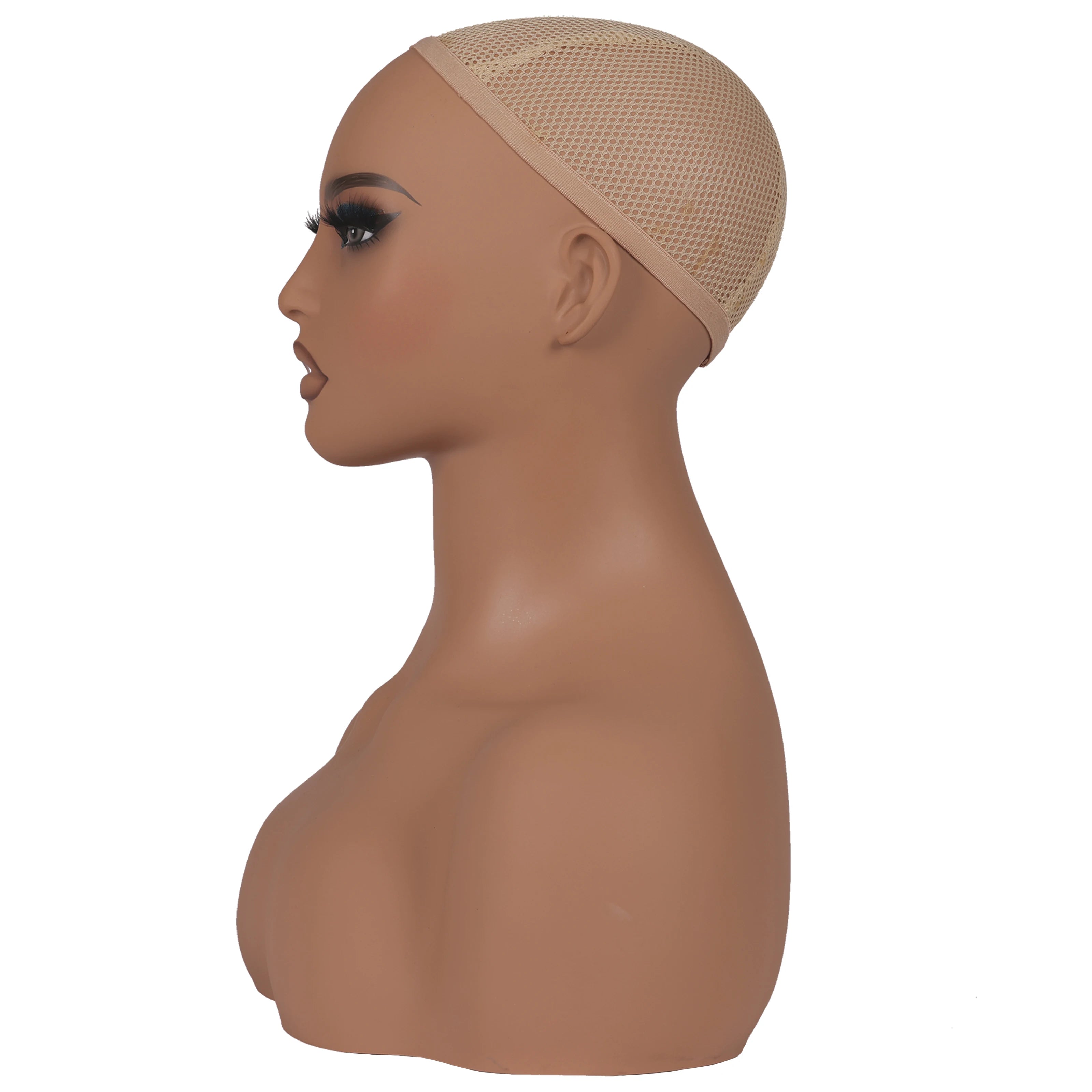 Cabeza de peluca femenina, maniquí de piel marrón claro, maquillaje realista, cabeza de maniquí, soporte para peluca, 1,8 kg/unidad, cabeza simulada de relleno de espuma para pelucas