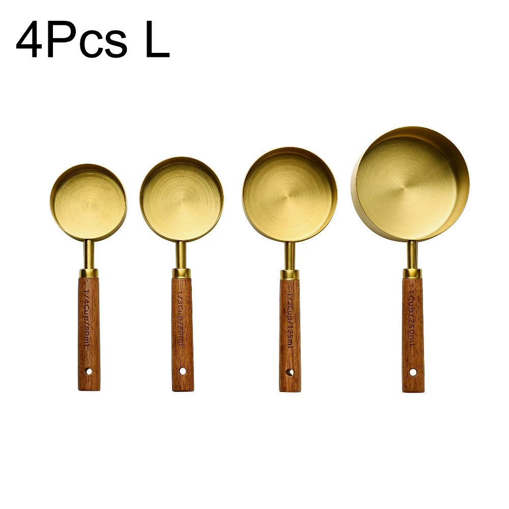 Mango de madera dorado, tazas medidoras de acero inoxidable, cucharas, herramientas para hornear, juego de cucharas medidoras de café, accesorios de báscula para barman