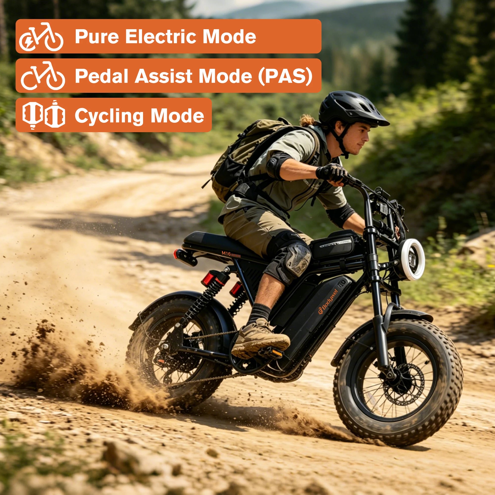 Bicicleta Eléctrica Todoterreno Bodywel M16 para Adultos, 1500w 48V 15.6ah, Bicicleta Eléctrica de Montaña con Neumáticos Gruesos de 16 Pulgadas para Entretenimiento al Aire Libre