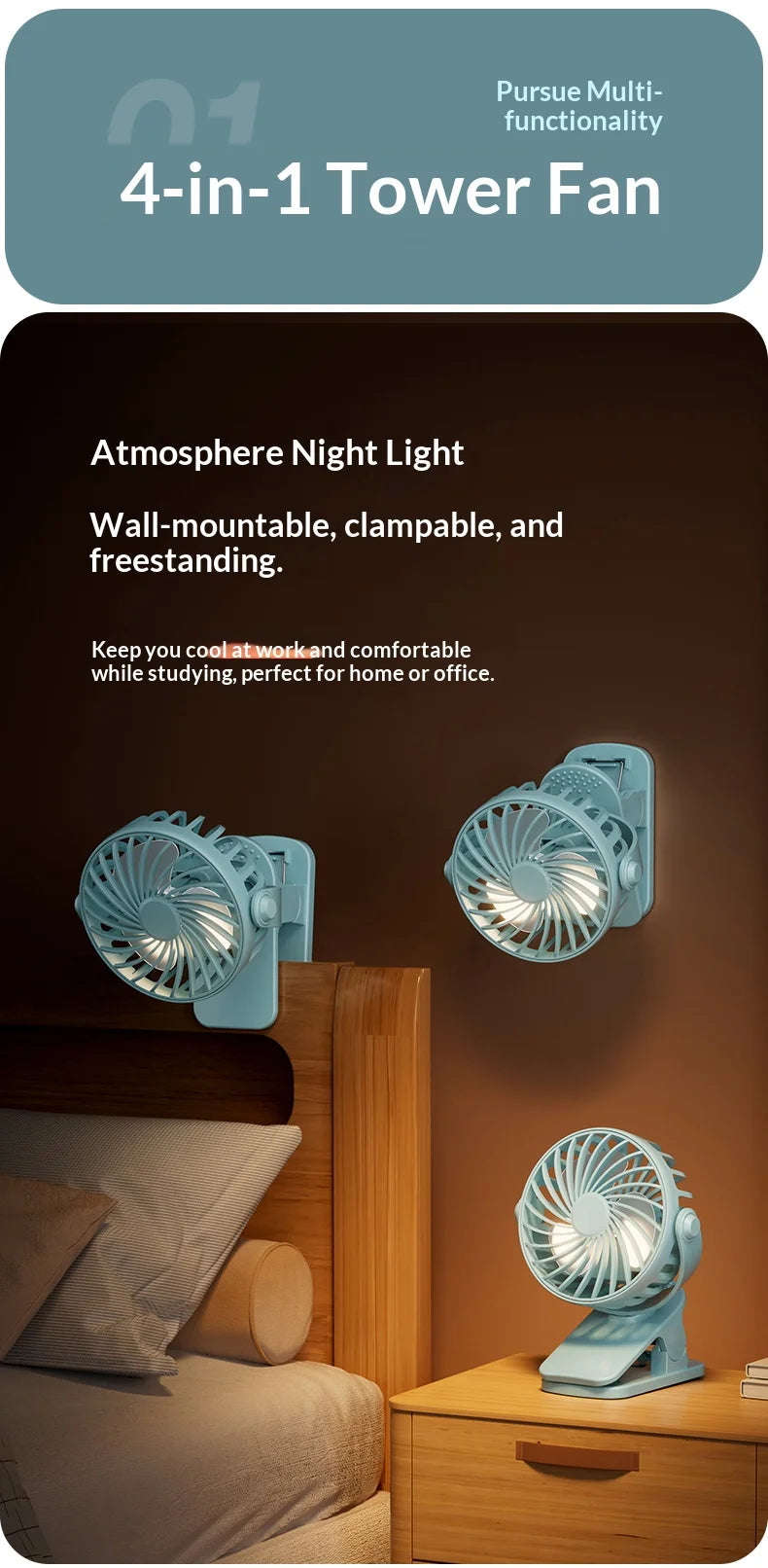 Ventilador Portátil Recargable con Clip HOMEFISH 720 °   Ventilador Colgante Giratorio con Luz Nocturna, Enfriador de Aire para Acampar al Aire Libre