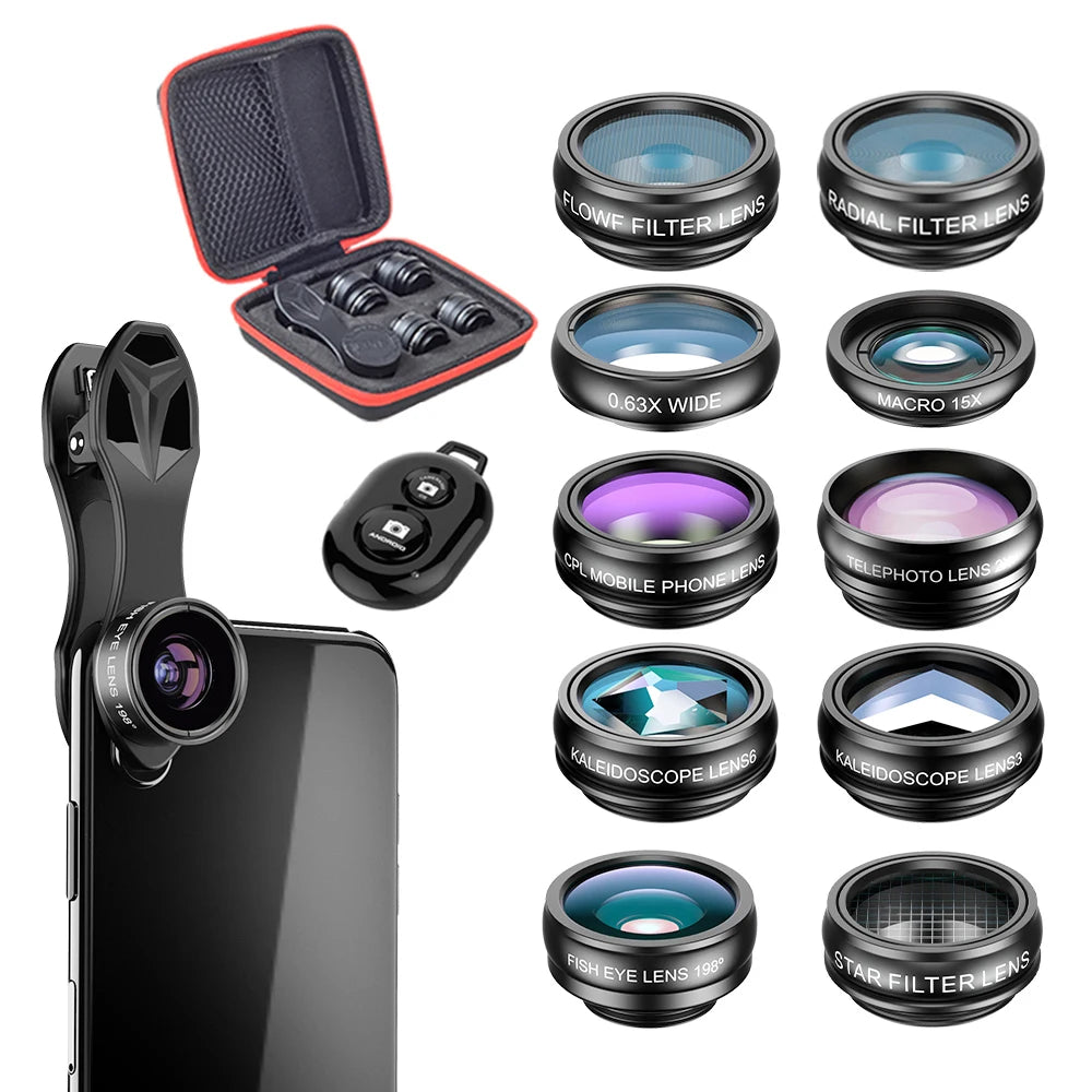 APEXEL kit de lentes de teléfono universal 10 en 1 lente macro gran angular ojo de pez filtro CPL caleidoscopio + lente telescópica 2X para teléfono inteligente