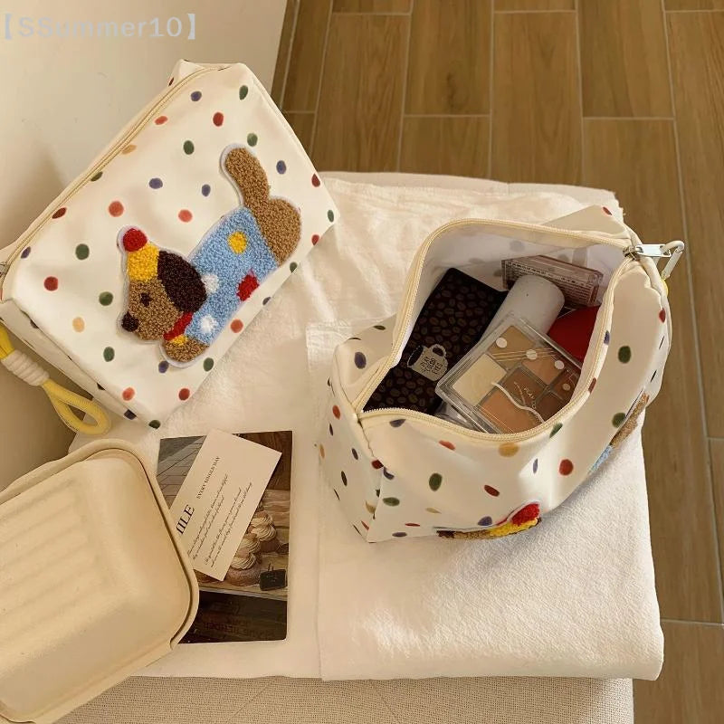 【SSummer10】Bolsa de cosméticos de gran capacidad con diseño de cachorro de dibujos animados, bolso de maquillaje portátil, almacenamiento de artículos de tocador de viaje para mujeres【SS】
