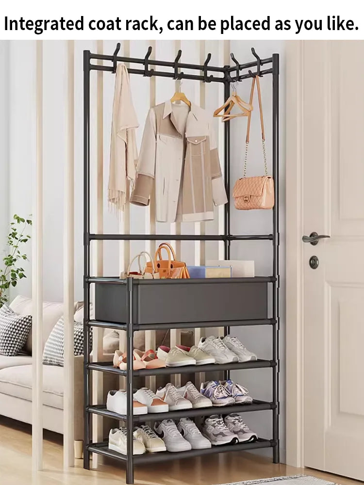 Iruibo Zapatero Metálico de 5 Niveles con Perchero, Estante Organizador de Zapatos y Ropa, Ahorro de Espacio para Entrada, Dormitorio o Pasillo