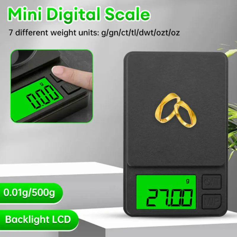 Báscula de bolsillo de precisión 1000 g x 0,01 g - Balanza digital de gramos, alimentos, joyas, onzas/granos con LCD retroiluminado - Mini báscula para viajes