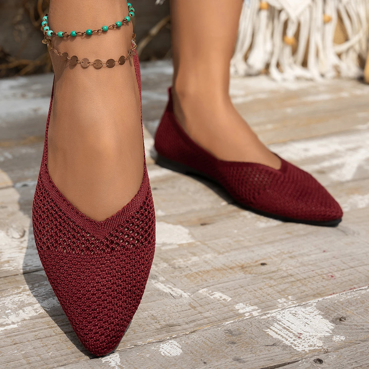 Nuevos zapatos planos con punta estrecha para mujer, zapatillas de Ballet informales transpirables, mocasines ligeros de punto de Color sólido para mujer