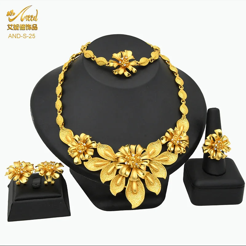 Juego de joyería nupcial de lujo en oro 24k Au999 para novias africanas y mujeres saudíes, collar, pulsera, aretes y anillo, 4 piezas, regalo.