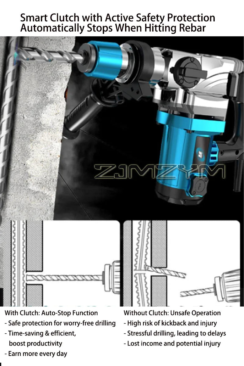 Martillo Perforador Rotatorio Multifunción con Motor de Cobre, Grado Industrial, de Alta Resistencia, Universal para Concreto, Mampostería y Hogar