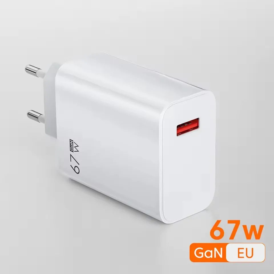 Cargador USB GaN de 67W con Carga Rápida, Cargador de Pared con Cable USB Tipo-C de 6A, Carga Rápida 3.0, Enchufe para iPhone, Samsung, Xiaomi