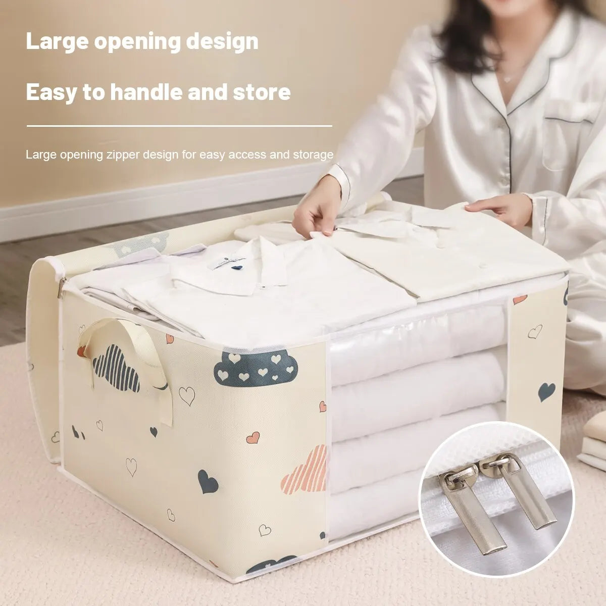 Bolsa de almacenamiento de ropa de gran capacidad, organizador con mango reforzado, adecuado para mantas, ropa de cama, plegable con cremallera resistente