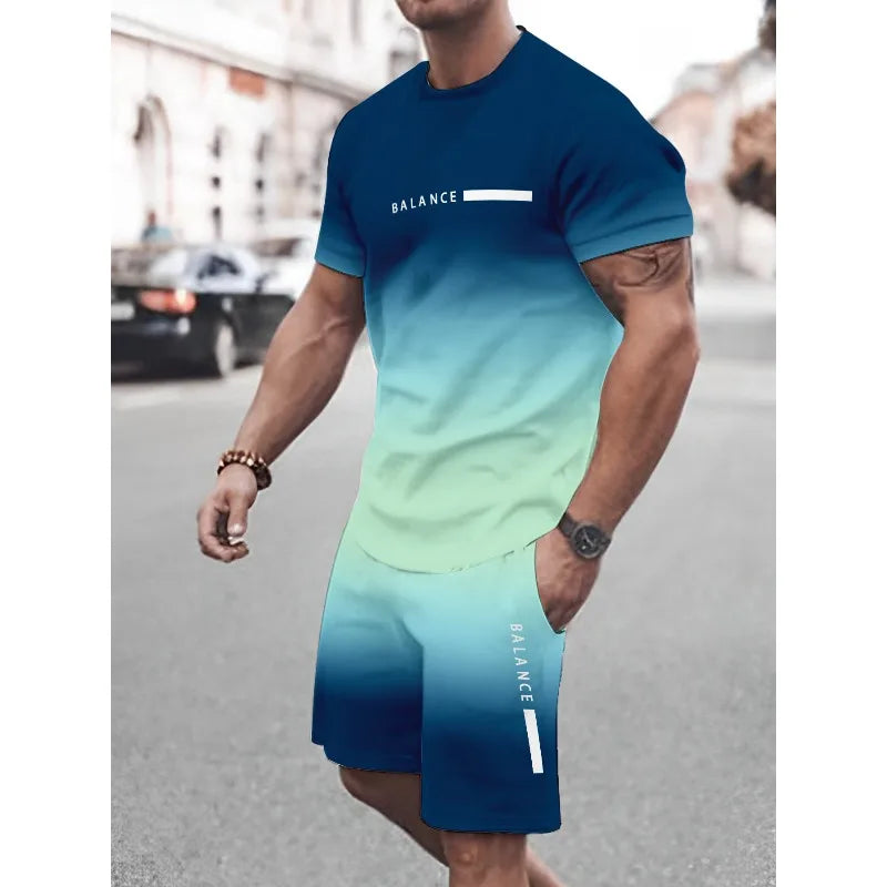Conjunto informal de dos piezas con estampado 3D a rayas para hombre, camiseta de manga corta y pantalones cortos, conjunto para deportes al aire libre diarios de tela de poliéster