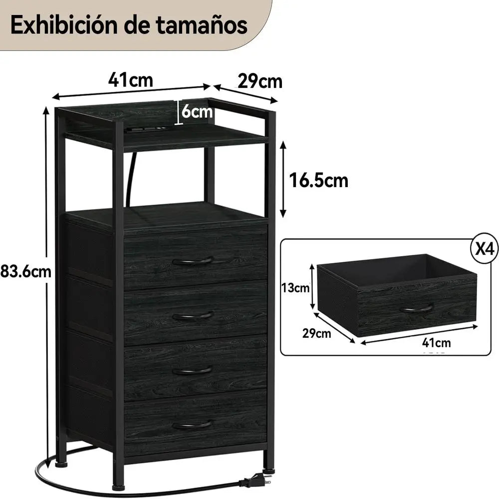 Mesa de Noche para Recámara con Estación de Carga, 2 Enchufes y 2 Puertos USB, Muebles para Recámara