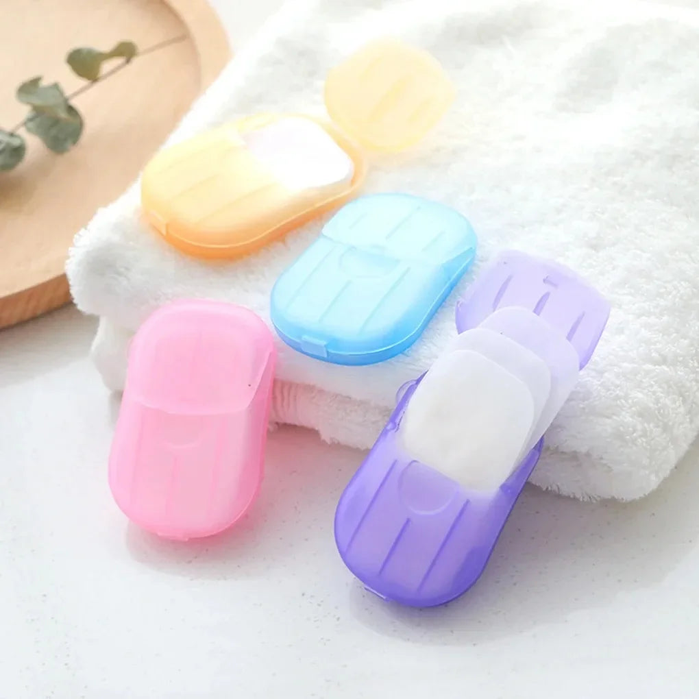 1/4 Caja de Hojas de Jabón Desechables para Viaje, Hojas de Jabón de Papel Mini Amigables con la Piel, Jabón Portátil en Rodajas con Caja para Lavado de Manos