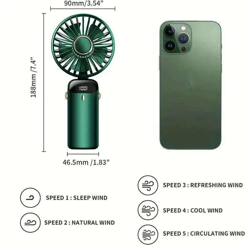 Ventilador recargable personal portátil de mano con pantalla digital LED 90 ° Ventilador recargable ajustable, mini aromaterapia de viento de 5 velocidades
