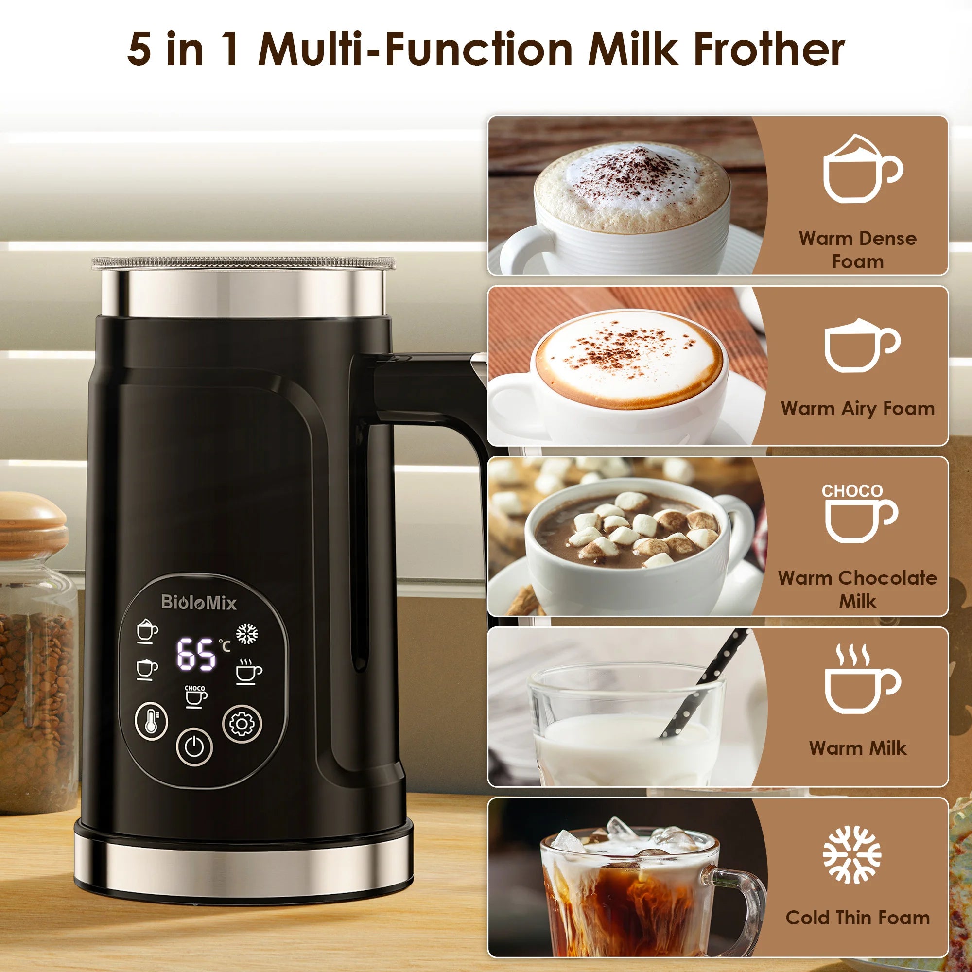 BioloMix Espumador de leche 5 en 1 con pantalla táctil LED mejorada - Calentador de leche para café con leche caliente y fría