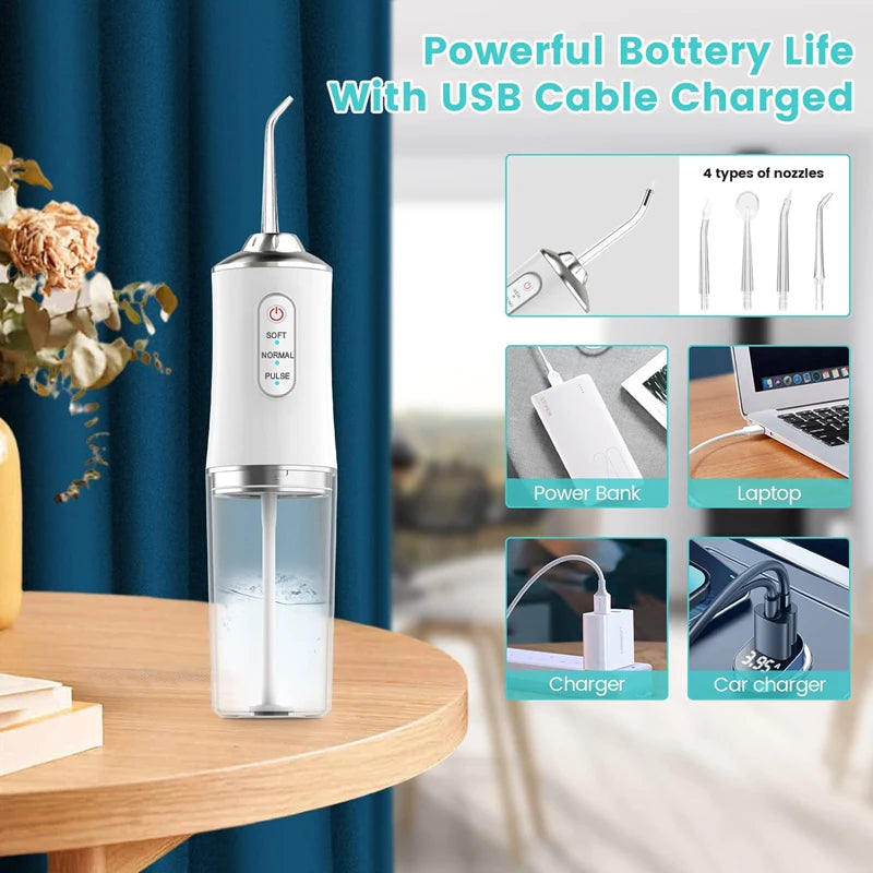 Irrigador Oral eléctrico inteligente portátil, hilo Dental de agua, 4 chorros, 3 modos, irrigador Dental recargable por chorro de agua, limpiador Dental