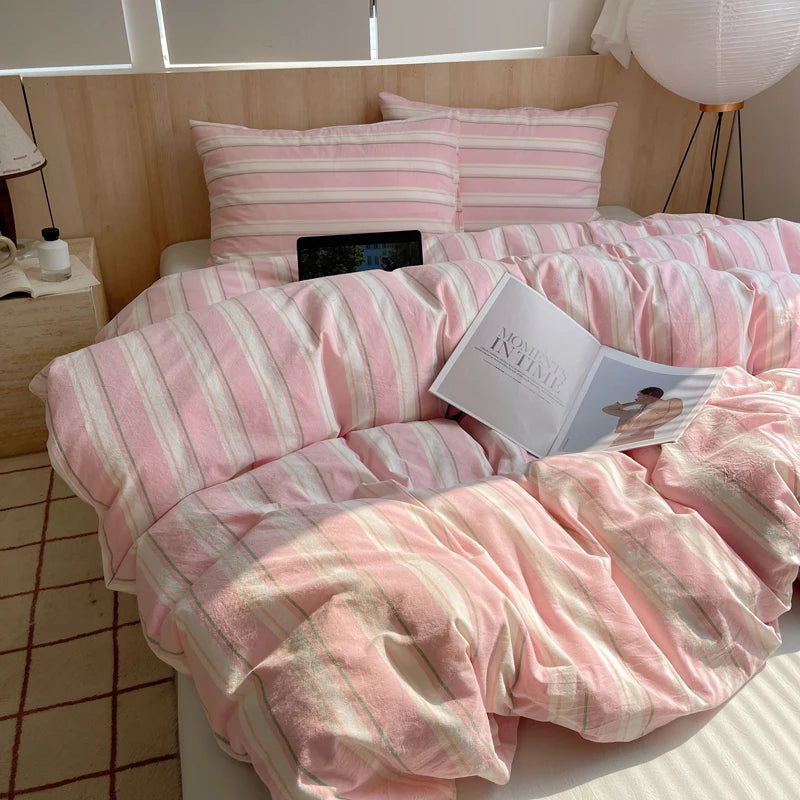 Juego de cama suave de algodón 100%, funda nórdica con estampado de rayas y funda de almohada, ropa de cama, colcha, fundas de almohada, juegos de edredón