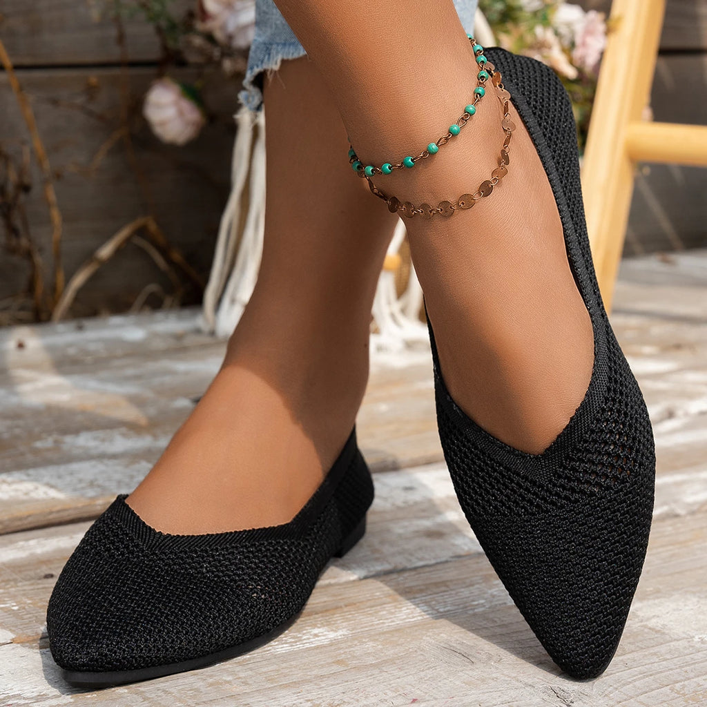Nuevos zapatos planos con punta estrecha para mujer, zapatillas de Ballet informales transpirables, mocasines ligeros de punto de Color sólido para mujer