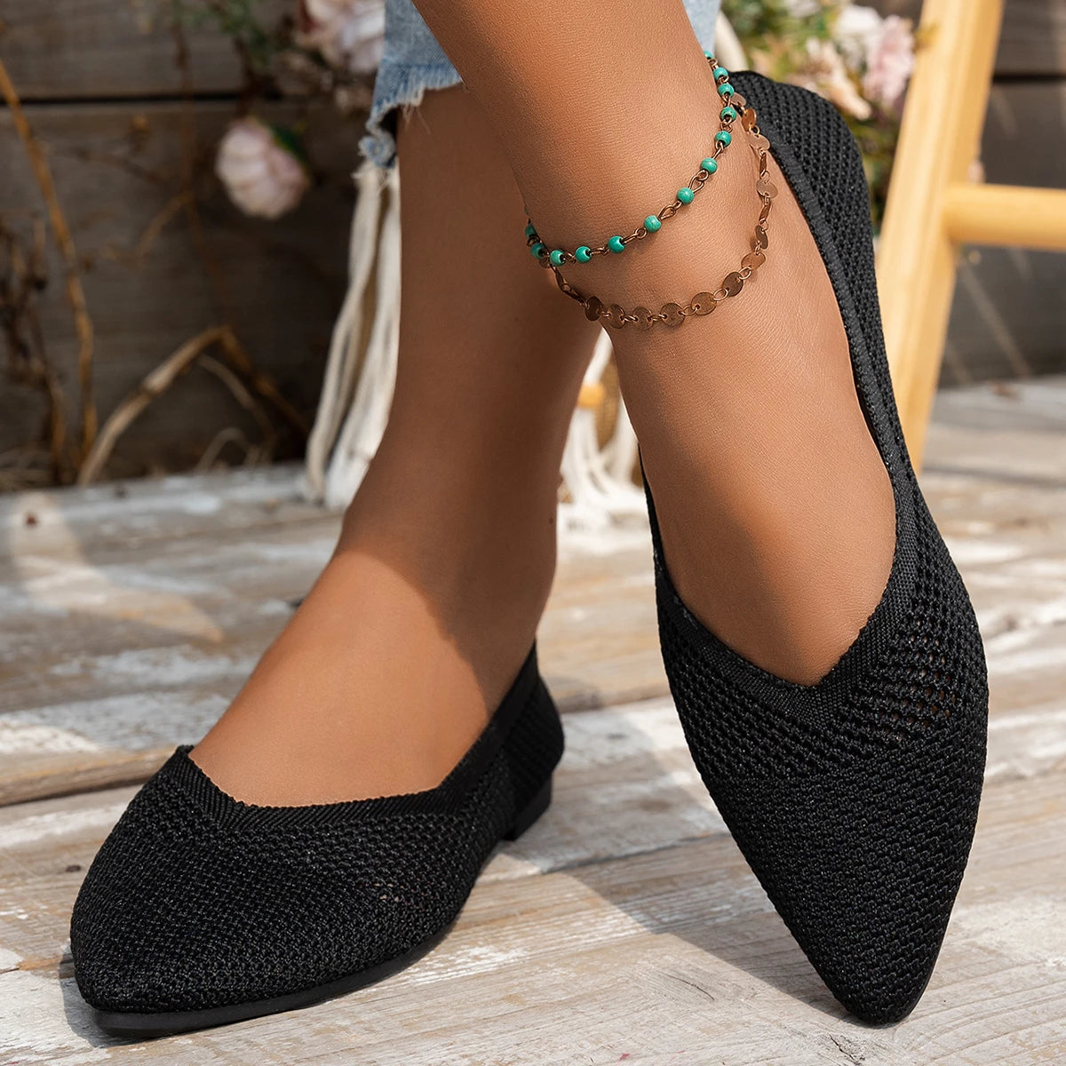Nuevos zapatos planos con punta estrecha para mujer, zapatillas de Ballet informales transpirables, mocasines ligeros de punto de Color sólido para mujer