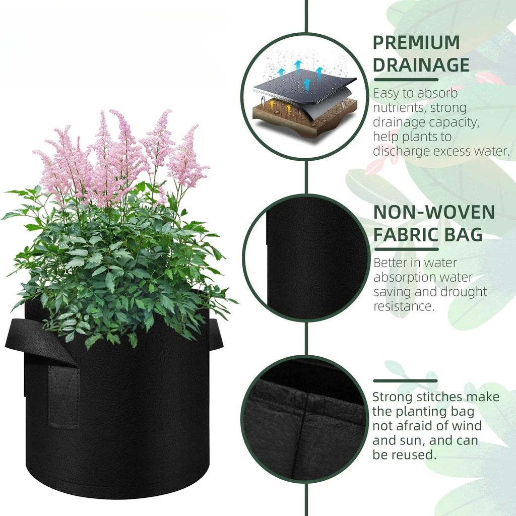 Paquete de 5 bolsas de cultivo, macetas de tela no tejida para plantar jardines con mango reforzado (3 galones, 4 galones, 5 galones, 7 galones, 30 galones)