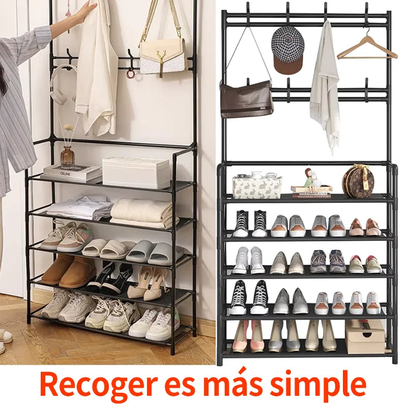Iruibo Zapatero Metálico de 5 Niveles con Perchero, Estante Organizador de Zapatos y Ropa, Ahorro de Espacio para Entrada, Dormitorio o Pasillo