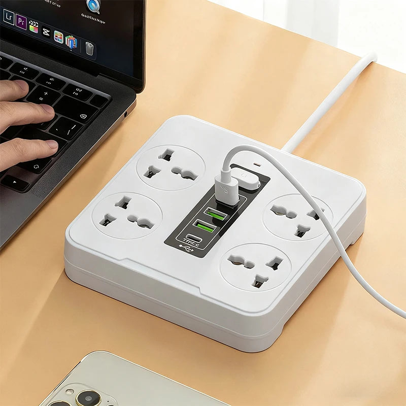 Iruibo American Standard Power Strip White 4 AC Outlets 3USB + Type-C Fast Charging Portable Multi Socket for Home Office Travel