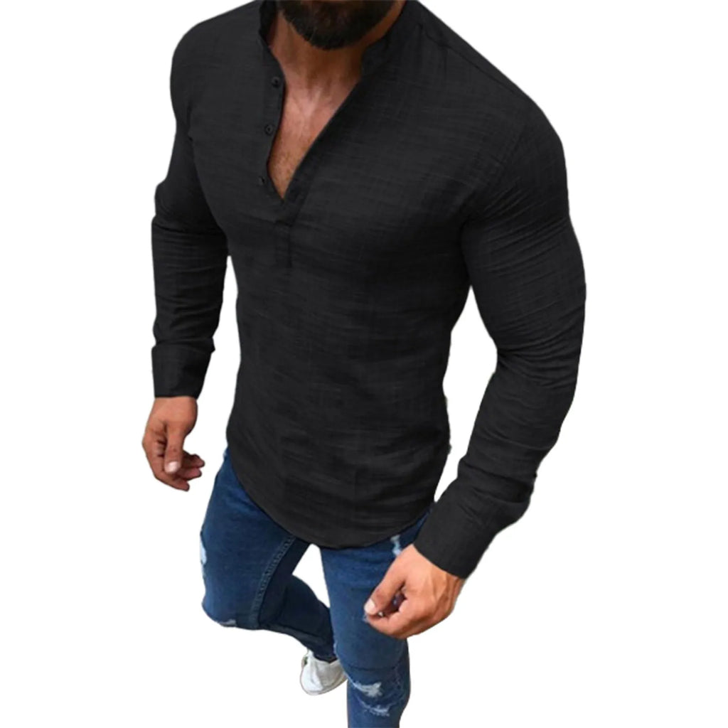 Top de manga larga para hombre, camisa de manga larga ajustada informal con botones suaves en la parte delantera, Color liso, manga larga para hombre