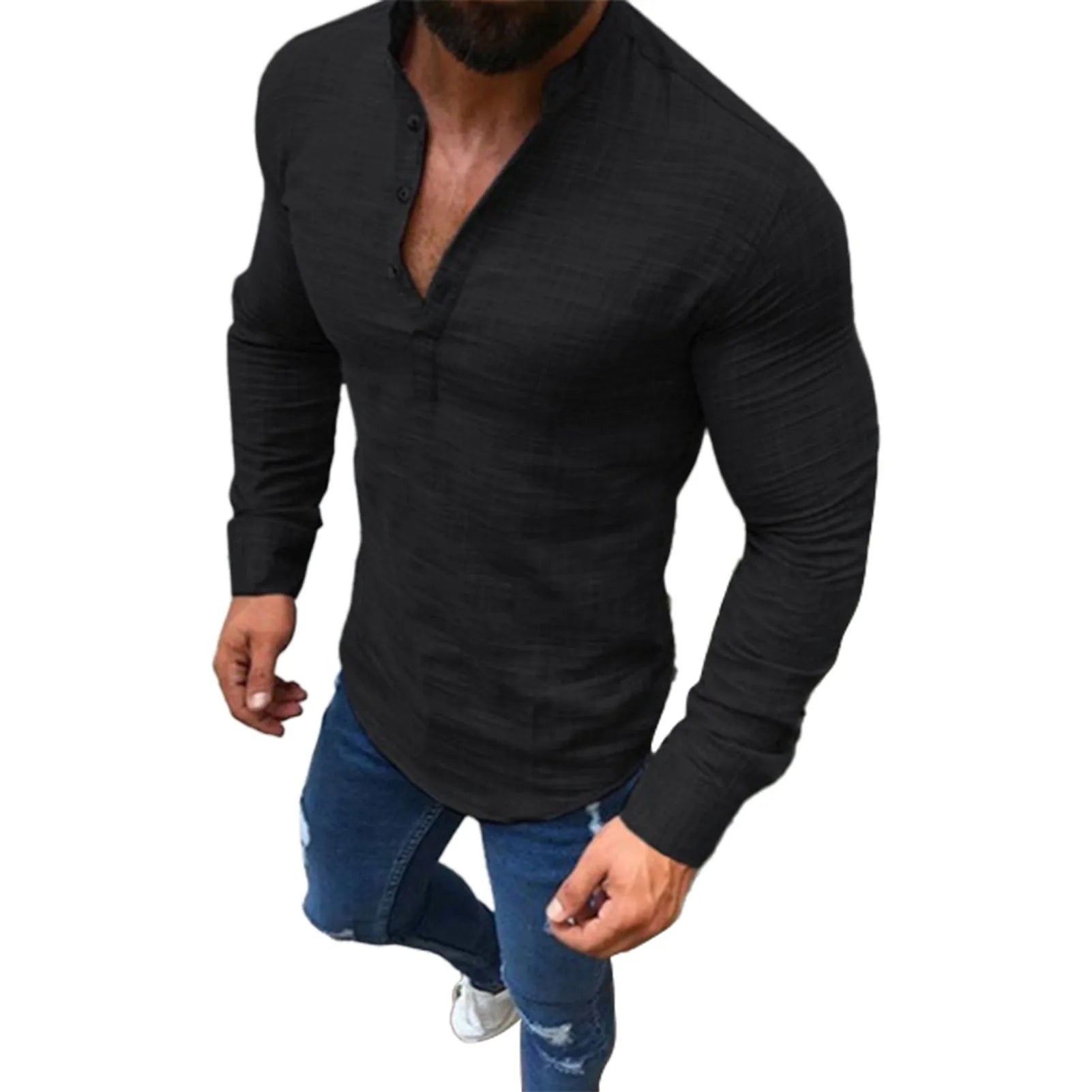 Top de manga larga para hombre, camisa de manga larga ajustada informal con botones suaves en la parte delantera, Color liso, manga larga para hombre