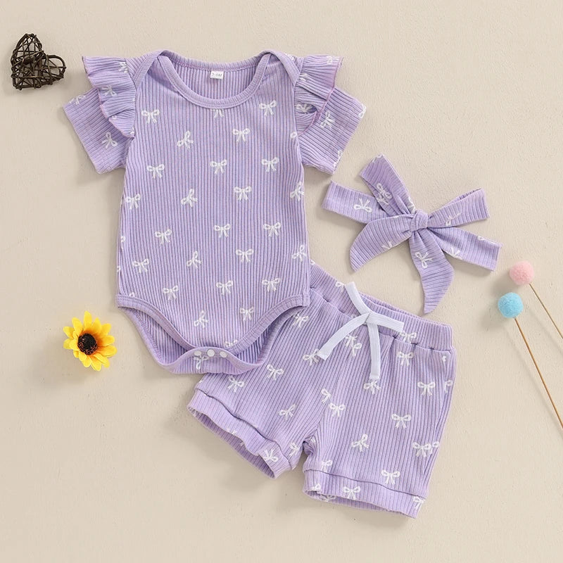 Conjuntos de verano para niña de 0 a 18 meses, pelele de manga corta con estampado de lazo, pantalones cortos de cintura elástica y diadema, conjunto de 3 uds.