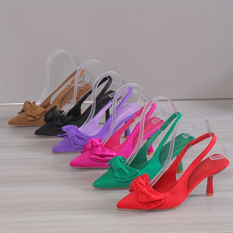 Zapatos cómodos para mujer, sandalias con tacones de aguja, pajarita, traje de verano para mujer, color morado, talla grande, nuevas niñas, puntiagudos bajos, altos, negros grandes