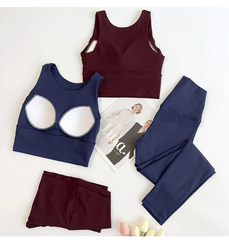 Ropa de Yoga de 2 piezas para mujer, conjunto de Yoga para gimnasio con tirantes cruzados en la espalda, Sujetador deportivo de realce, mallas de Yoga de cintura alta, ropa deportiva de entrenamiento