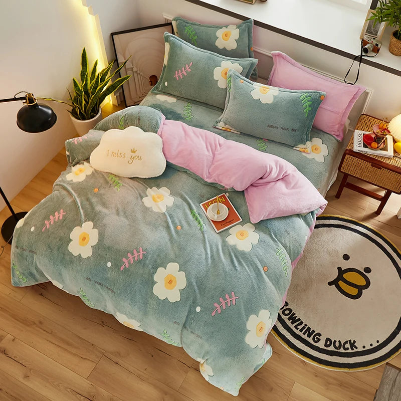Funda nórdica de lana gruesa y cálida de franela Coral para invierno, juego de cama de terciopelo de doble cara, funda de edredón individual doble Queen King Size
