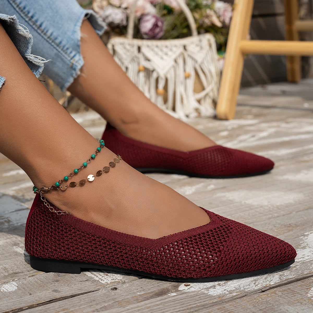 Nuevos zapatos planos con punta estrecha para mujer, zapatillas de Ballet informales transpirables, mocasines ligeros de punto de Color sólido para mujer