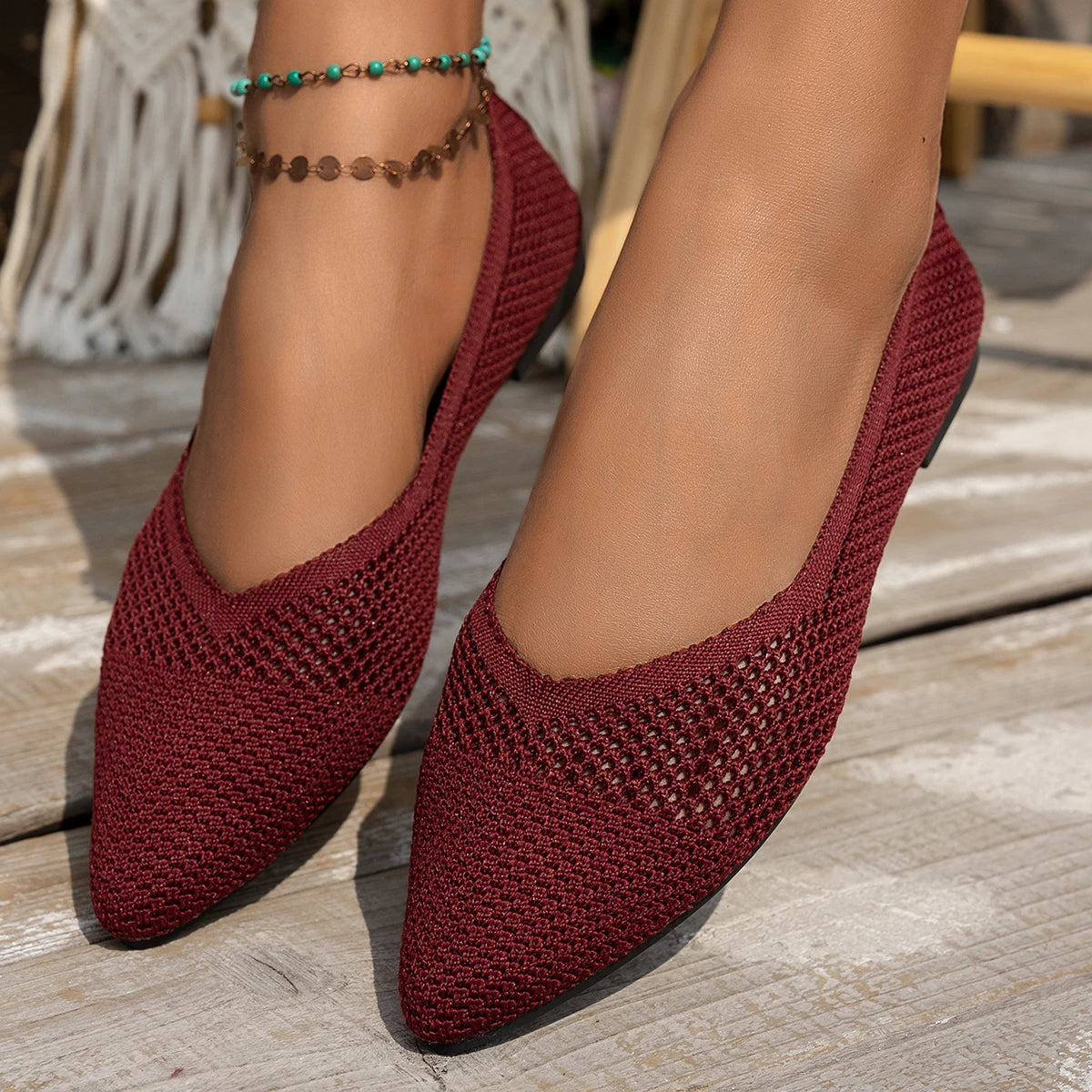 Nuevos zapatos planos con punta estrecha para mujer, zapatillas de Ballet informales transpirables, mocasines ligeros de punto de Color sólido para mujer