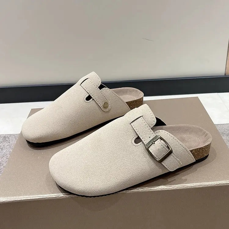 Sandalias de medio arrastre, zuecos para mujer, zapatillas de gamuza de corcho a la moda, zapatillas clásicas antideslizantes de corcho para exteriores con arco