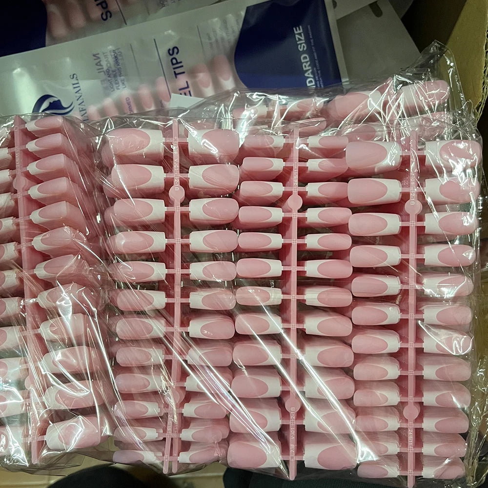 120 Uñas Acrílicas Francesas Cuadradas Medianas y Largas, Uñas Postizas Francesas de Cobertura Completa para Mujer, Uñas Postizas de Diferentes Tamaños
