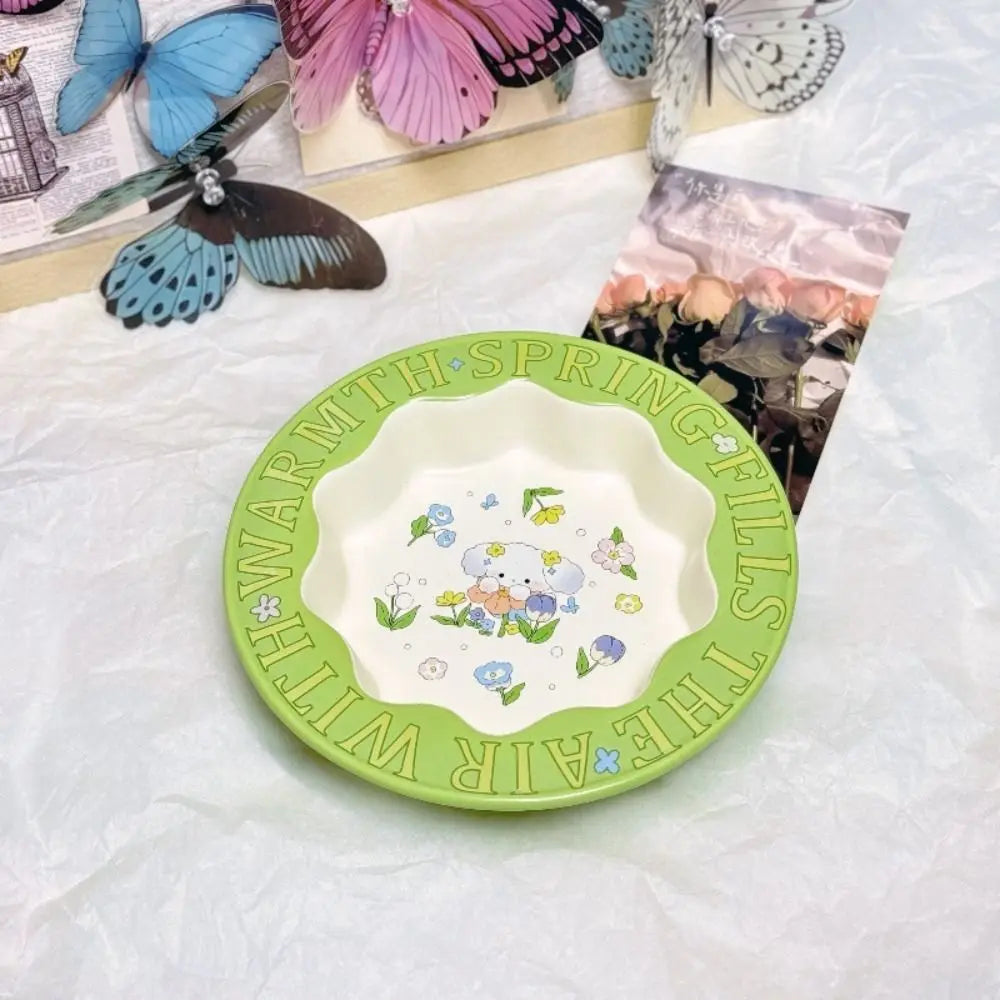 Tazón de cerámica verde duradero para gatos, tazón antideslizante con diseño de conejo y flores, tazón elevado diagonal para beber y alimentar.