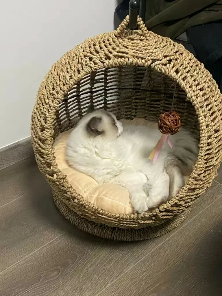 Hamaca semicerrada para mascotas, jaula redonda colgante para gatos, cesta de ratán para verano